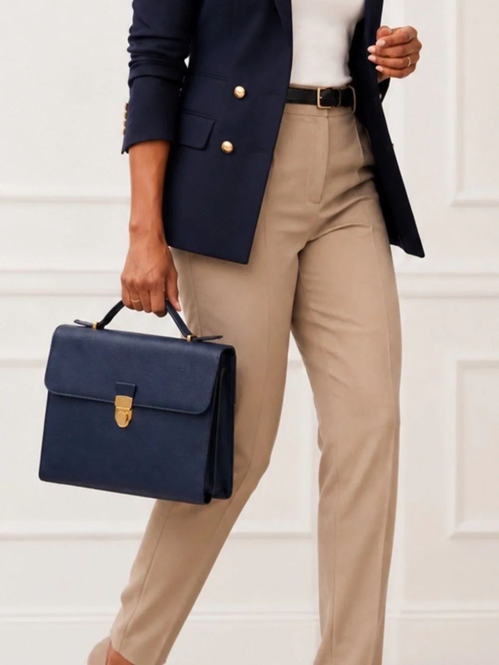 YSL Yves Saint Laurent Navy Leather Top-Handle Laptop Bag with Gold Hardware